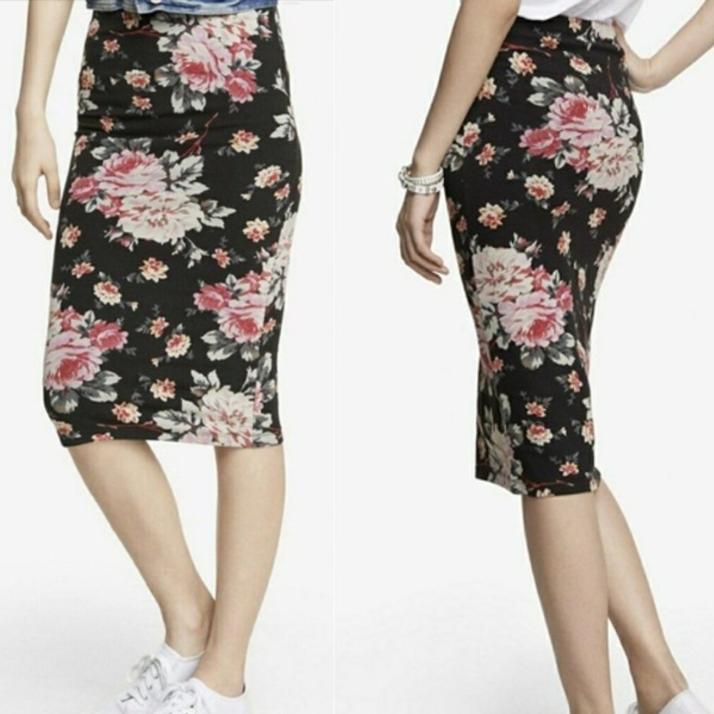Express Stretchy Pencil Skirt - Black with Floral Pattern - Size XS